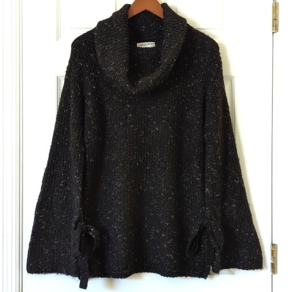 Max Studio Wool Blend Speckle Rib Knit Cowl Neck Bow Bell Sleeve Sweater Black M - Picture 1 of 10